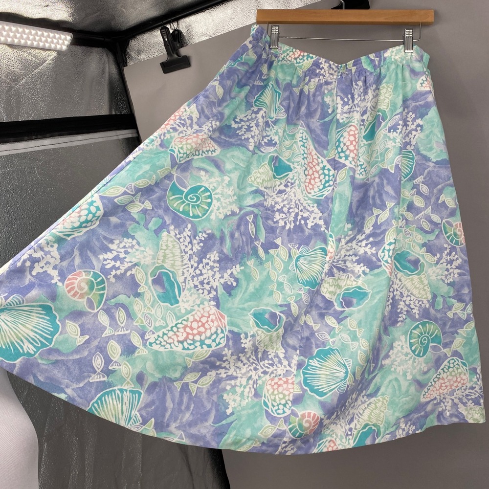 Vtg Alfred Dunner Seashell Print Midi Skirt Womens 34 Pastel Coastal Aquatic XL